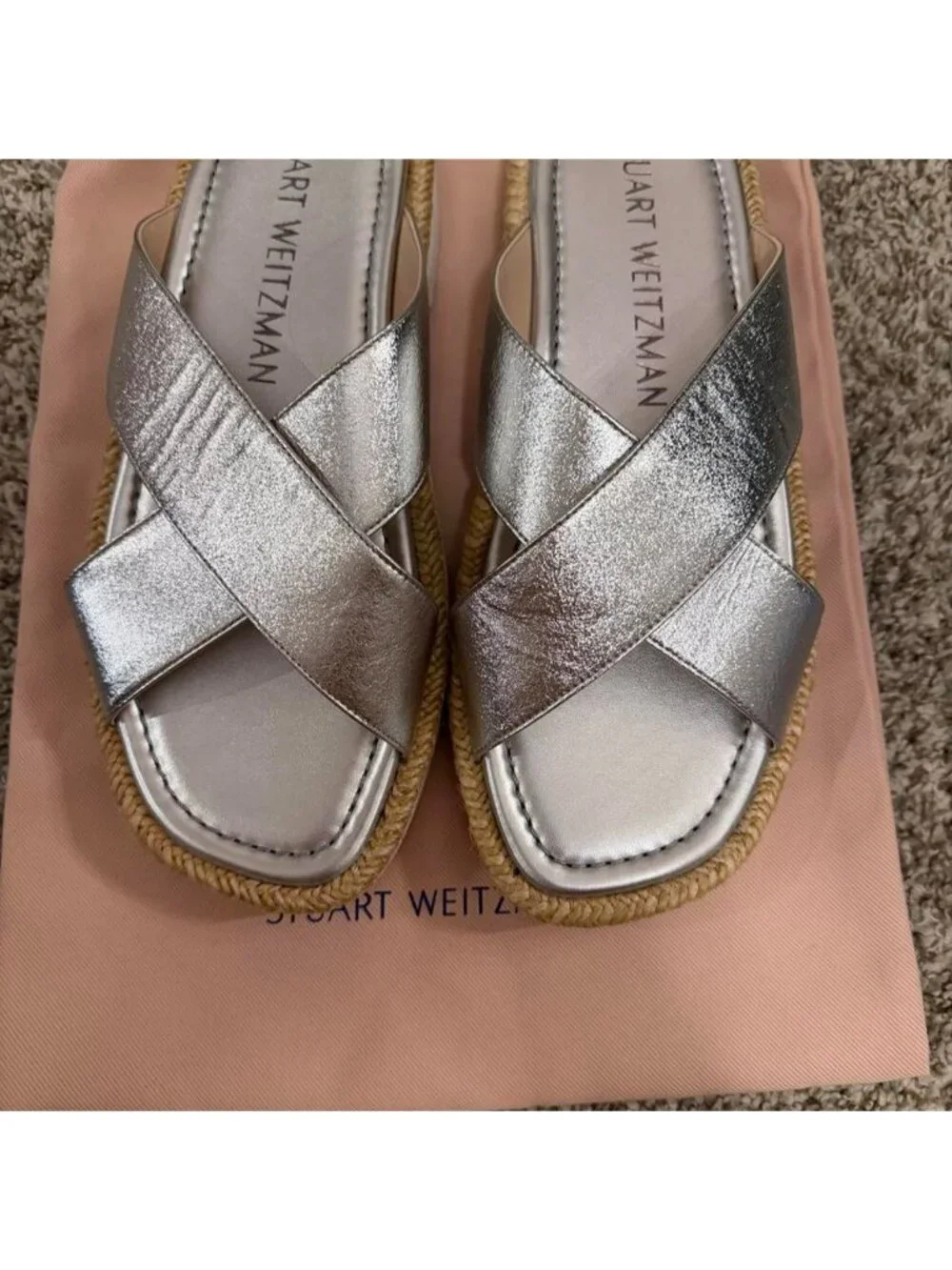 Stuart Weitzman S0934 Silver Metallic Platform Slide Sandals Women's 8.5 w/ Box